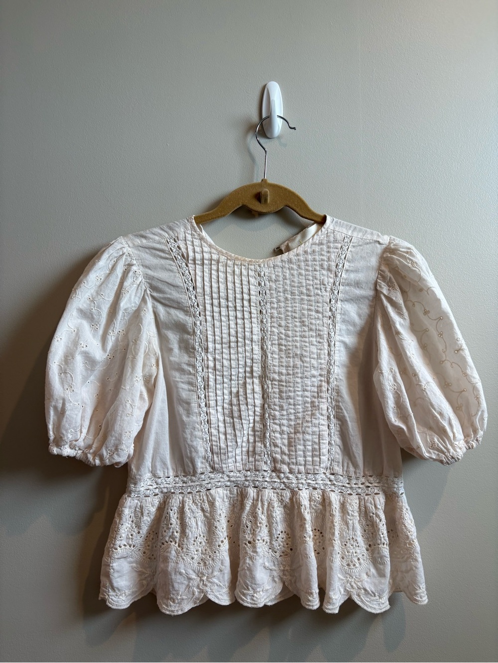 Anthropologie Cream Eyelet Pintuck Peplum Top